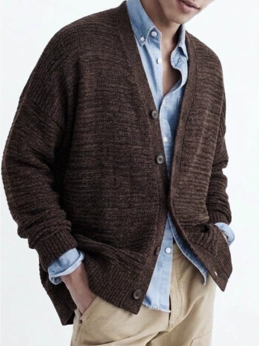 Abercrombie Fitch Mens Chunky Button Cardigan L Brown Textured Heritage Retro